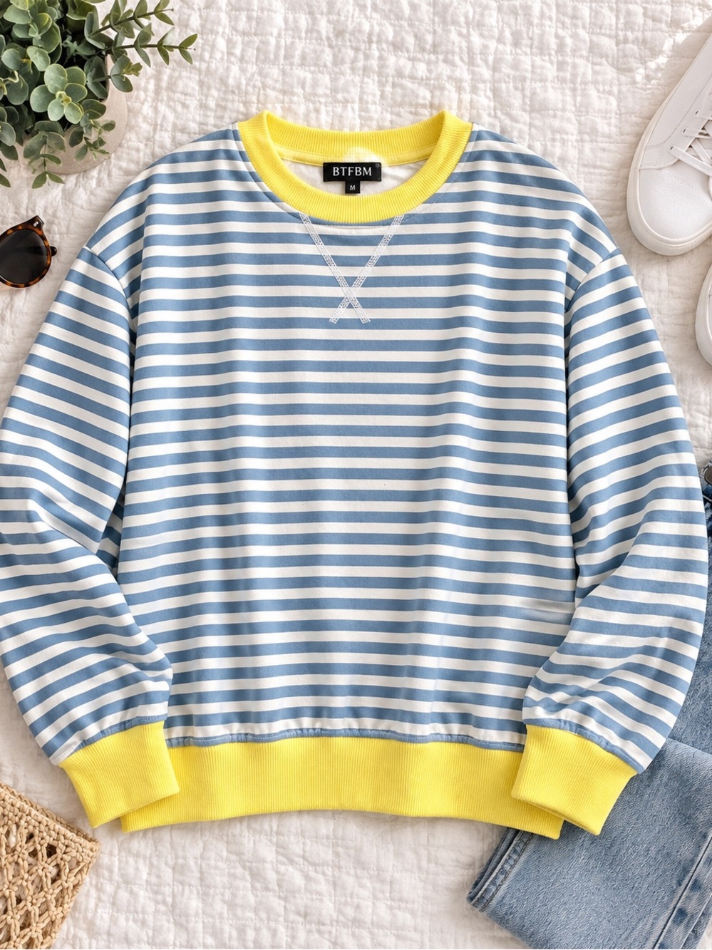 BTFBM Striped Crewneck Sweatshirt Blue White Yellow Women’s Size M